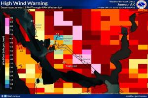A chart shows gale-force winds of up to 70 miles per hour are expected in downtown Juneau and Douglas on Wednesday. (National Weather Service Juneau)