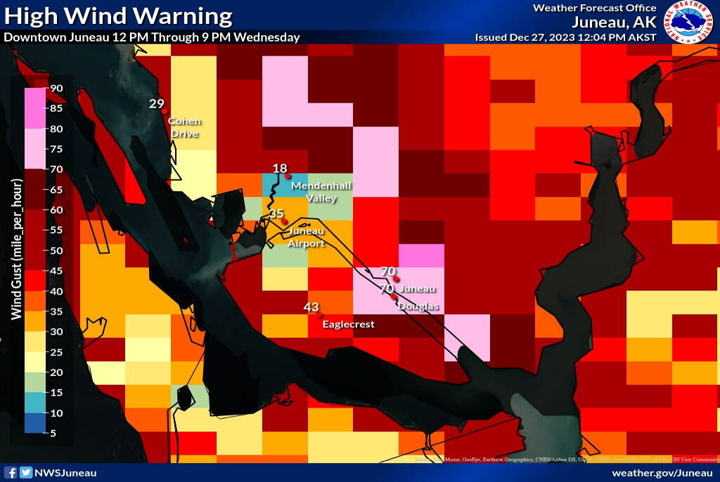 A chart shows gale-force winds of up to 70 miles per hour are expected in downtown Juneau and Douglas on Wednesday. (National Weather Service Juneau)
