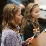 Nayeli Hood, 10, foreground, and Ona Eckerson, 9, testify against a bill limiting sex and gender content in schools during a House Education Committee meeting March 30, 2023. Education is again expected to be a dominant issue during the coming legislative session. (Mark Sabbatini / Juneau Empire file photo)