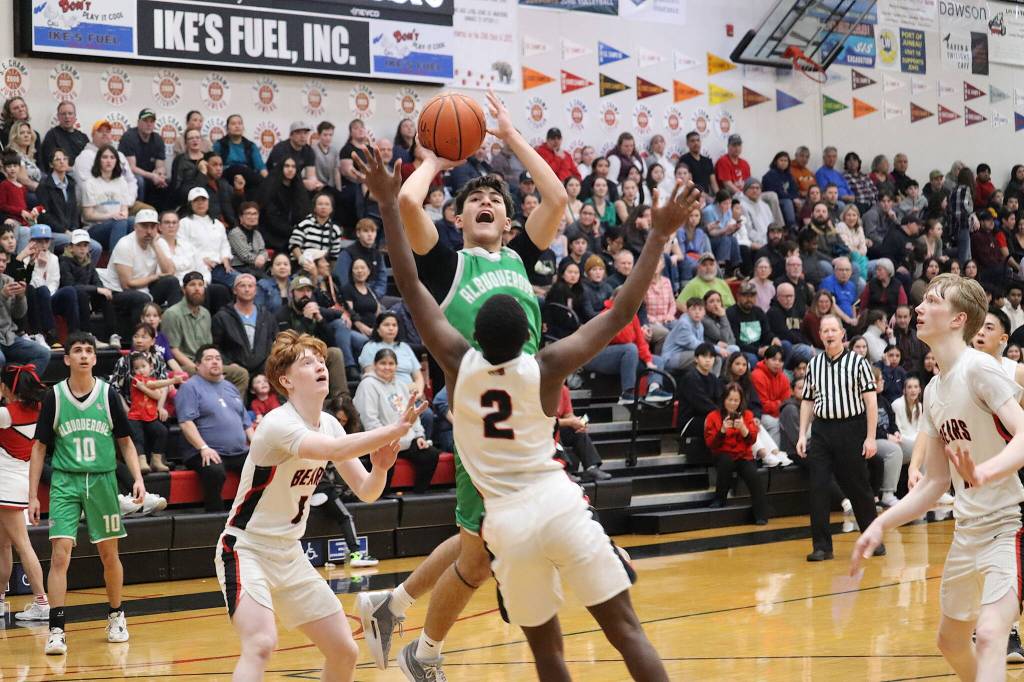 An Albuquerque High School player takes a shot against Juneau-Douglas High School: Yadaa.at Kalé during the final game of the Capital City Classic on Saturday at JDHS. (Mark Sabbatini / Juneau Empire)
