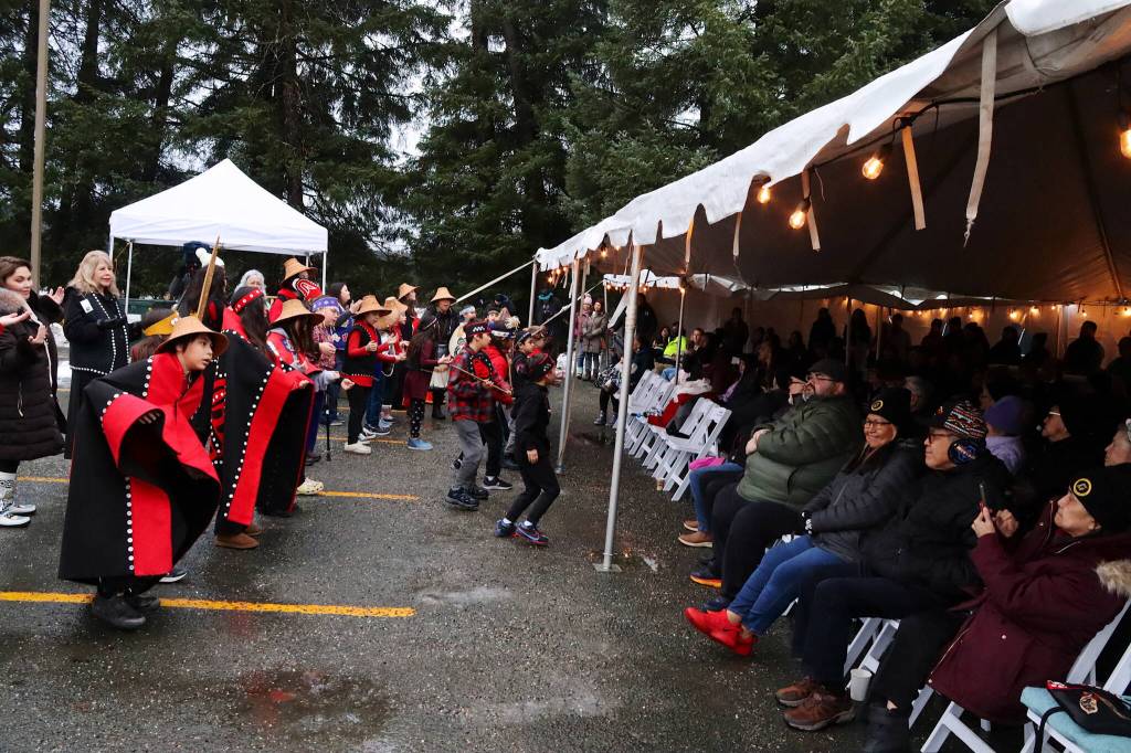 The Tlingit Culture, Language and Literacy Dance Group performs for attendees at Goldbelt Inc.s 50th-anniversary celebration on Thursday. (Mark Sabbatini / Juneau Empire)