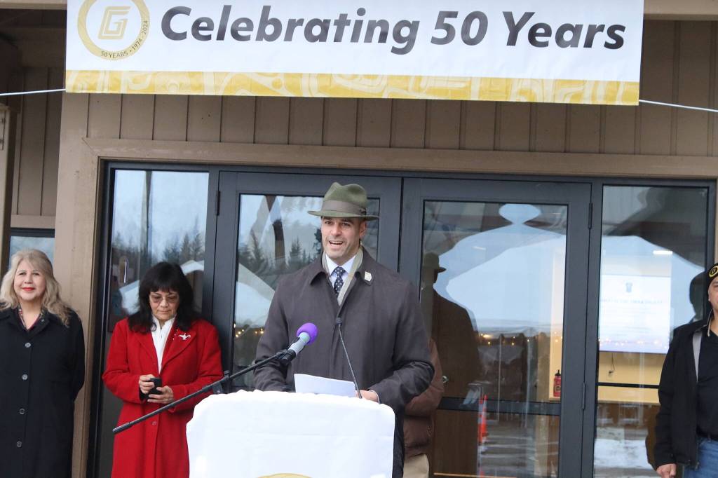 McHugh Pierre, Goldbelts president and CEO, discusses the present and future plans of the Alaska Native Regional Corporation during its 50th-anniversary celebration on Thursday. (Mark Sabbatini / Juneau Empire)
