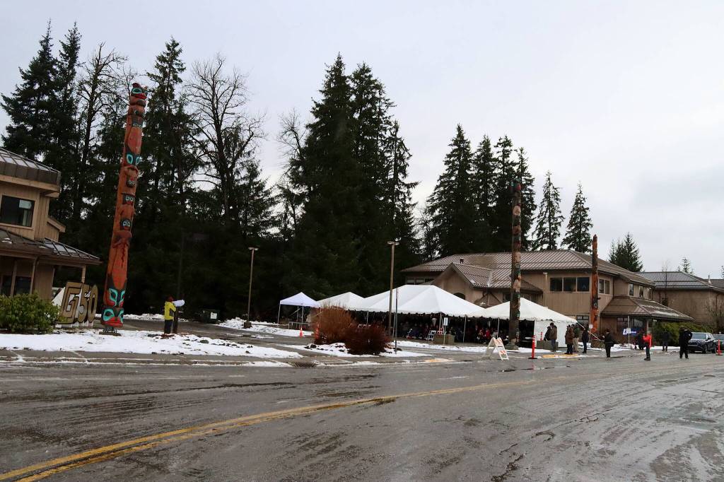 Three totem poles relocated from Goldbelts former building downtown are placed at its new campus in Vintage Business Park in time for the Alaska Native Regional Corporations 50th-anniversary celebration on Thursday. (Mark Sabbatini / Juneau Empire)