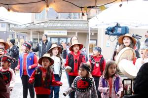 The Tlingit Culture, Language and Literacy Dance Group performs for attendees at Goldbelt Inc.s 50th-anniversary celebration on Thursday. (Mark Sabbatini / Juneau Empire)
