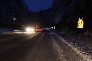 A sign with newly installed reflectors warns drivers on Back Loop Road about pedestrians crossing near the entrance of Mendenhall River Community School on Wednesday morning. A woman and two kids were hit by a vehicle on the road Dec. 7, prompting local school district officials to seek safety improvements from the state. Additional short- and long-term safety measures are still being discussed. (Mark Sabbatini / Juneau Empire)