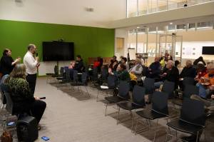 State Sen. Jesse Kiehl, D-Juneau, addresses the audience during a town hall by the local legislative delegation Thursday evening at the Mendenhall Valley Public Library. (Mark Sabbatini / Juneau Empire)