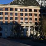The Alaska State Capitol is illuminated by the sun on the morning of Jan. 9, 2023. (Photo by James Brooks/Alaska Beacon)