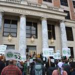 Members of ASEA/AFSCME Local 52 protest on Feb. 10, 2023, in front of the Alaska State Capitol. (Photo by James Brooks/Alaska Beacon)