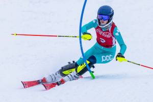 Juneau Ski Club U16 racer Eva Meyer competes in a slalom run during the Coca-Cola Classic Sunday at Girdwood. (Photo courtesy Bob Eastaugh)