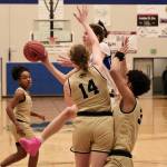 Thunder Mountain junior Kerra Baxter passes around South Anchorage defenders Karolina Rzeszut (14) and Isa Costadasily (32) during the Falcons 73-37 win over the Wolverines on Thursday at the Thunderdome. (Klas Stolpe / For the Juneau Empire)
