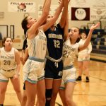 Dillinghams Kalin Clouse (11), Angoons Lisa Kookesh (12) and Dillinghams Lanny Woods (21) battle for a rebound during the Elizabeth Peratrovich Womens High School Basketball Invitational Tournament on Thursday at Thunder Mountain High School. The tournament runs through Saturday. (Klas Stolpe / For the Juneau Empire)