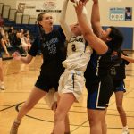 TMHS JV player Dannon Mills (35) and Skagways Millie Myers (2) battle for a rebound during the inaugural Elizabeth Peratrovich Womens High School Basketball Invitational Tournament on Thursday at Thunder Mountain High School. The tournament runs through Saturday. (Klas Stolpe / For the Juneau Empire)