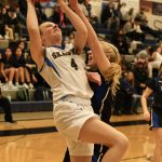 Skagways Athena Smith (4) is fouled by a Thunder Mountain JV player during the inaugural Elizabeth Peratrovich Womens High School Basketball Invitational Tournament on Thursday at Thunder Mountain High School. The tournament runs through Saturday. (Klas Stolpe / For the Juneau Empire)