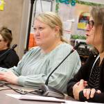 Juneau School District Administrative Services Director Cassee Olin (center) appears with Karen Tarver (right), an auditor with Elgee Rehfeld, to discuss an audit of the Juneau School Districts previous fiscal year with the Juneau Board of Education on Nov. 14, 2023. Olin resigned from the district as of Dec. 1. (Mark Sabbatini / Juneau Empire file photo)