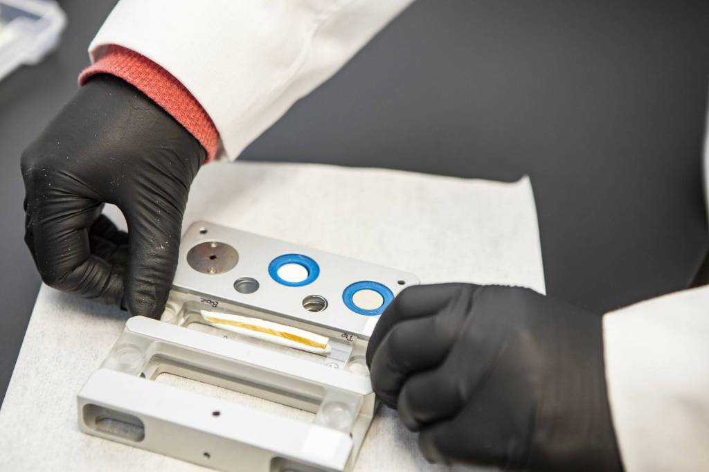 Tim Howe of the Alaska Stable Isotope Facility readies a portion of a 14,000-year-old mammoth tusk for analysis. (Photo courtesy of Mat Wooller)