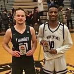 Thunder Mountain High School senior Thomas Baxter and South Anchorage High School senior Larenz Miller were selected Players of the Game after their contest on Friday during the Wolverine Classic Basketball Tournament at SAHS. (Photo courtesy South Anchorage High School)