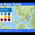 Local snow totals between midday Sunday and midday in Southeast Alaska are shown in a National Weather Service Juneau map. (National Weather Service Juneau)