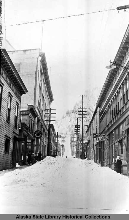 The view from Front Street looking up steep Seward Street on Feb. 3, 1918. (Alaska State Library  Historical Collections P01-2393)