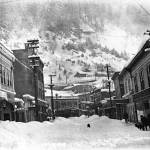 Looking east on Front Street from near Seward Street. The building in the right foreground painted C.W. Young is where Sealaska Heritages Walter Soboleff Center gift shop is located today. The Valentine Building is on the left. W.M. Case took the photo on Feb. 3, 1918. (Alaska State Library  Historical Collections P39-0545)