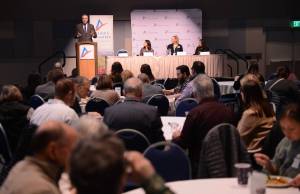Gov. Mike Dunleavy speaks to a joint meeting of the Juneau and Alaska chambers of commerce on Thursday. (Photo by James Brooks/Alaska Beacon)