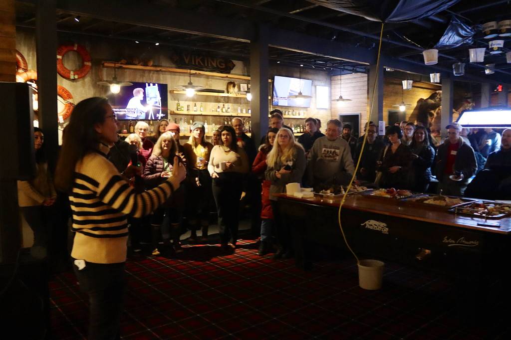 U.S. Rep. Mary Peltola addresses supporters during a campaign meet-and-greet Saturday night at the Crystal Saloon. (Mark Sabbatini / Juneau Empire)