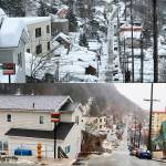 Above, a downtown Juneau street on Wednesday, Jan. 24, following two large snowstorms during the previous 10 days. Below, the same street at midday Monday after record-high temperatures and heavy rain dissolved most of the accumulated snow in many parts of town. (Above photo by Becky Bohrer / Associated Press; below photo by Mark Sabbatini / Juneau Empire)