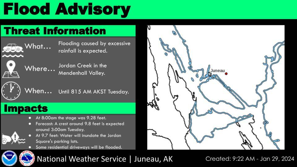 A flood advisory is in effect for the Jordan Creek area until Tuesday morning. (National Weather Service Juneau)