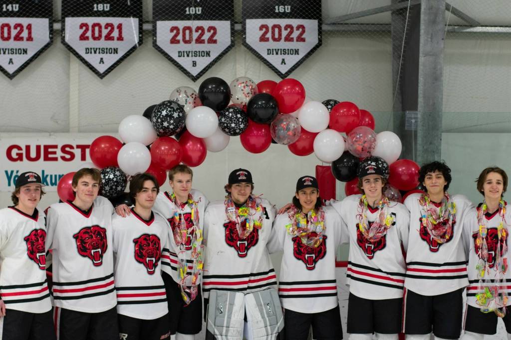 The seniors for Juneau-Douglas High School: Yadaa.at Kalés hockey team are honored at Treadwell Arena on Senior Night on Friday. (Photo courtesy of JDHS Hockey)