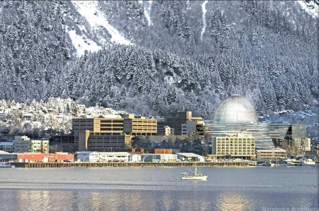 Proposed sample Capitol Building design in March 2005 for the Telephone Hill site by winning entrant Morphosis Architects. Architect Thom Mayne later that year was honored as the 2005 Pritzker Architecture Prize Laureate, an international award established in 1979. (Morphosis Architects website photo).