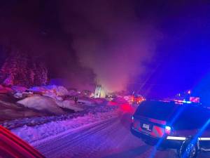 Smoke emits from a fire at Mike Hatch Sales And Service on North Douglas Highway on Thursday night. (Capital City Fire/Rescue photo)
Smoke emits from a fire at Mike Hatch Sales And Service on North Douglas Highway on Thursday night. (Capital City Fire/Rescue photo)