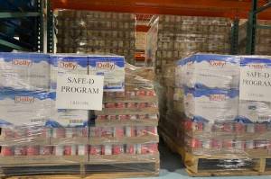 Bulk food purchased with the $1.68 million Gov. Mike Dunleavy put towards supporting food banks is staged for delivery in Food Bank of Alaskas Anchorage warehouse on April 21, 2023. (Photo by Claire Stremple/Alaska Beacon)