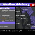 An extended advisory forecasting up to eight more inches of snow by 9 a.m. Sunday, in addition to about four inches of snow that fell between Friday evening and Saturday afternoon, is issued by the National Weather Service Juneau at 12:50 p.m. Saturday. (National Weather Service Juneau)