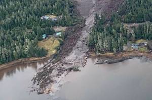 This image from video provided by Sunrise Aviation shows the landslide that occurred near Wrangell on Nov. 20, 2023. (Sunrise Aviation via AP)
