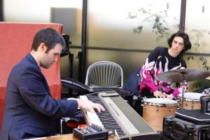 Kyle Athayde (left) leads a jazz trio during a free midday concert at the State Office Building on Thursday to open the first Juneau Jazz Festival. (Mark Sabbatini / Juneau Empire)