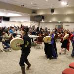 Students with the Tlingit Culture, Language and Literacy Program perform a traditional dance during a community conversation between local Alaska Native residents and municipal leaders Thursday night at Elizabeth Peratrovich Hall to discuss the Juneau School Districts budget crisis. (Mark Sabbatini / Juneau Empire)