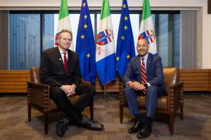 Gov. Mike Dunleavy and the Premier of the Yukon Ranj Pillai, pose for a photo in the Cabinet office during a visit to Whitehorse on Thursday. (Photo by Justin Kennedy/Government of Yukon)