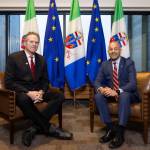 Gov. Mike Dunleavy and the Premier of the Yukon Ranj Pillai, pose for a photo in the Cabinet office during a visit to Whitehorse on Thursday. (Photo by Justin Kennedy/Government of Yukon)