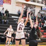 Mila Hargrave takes a shot for Juneau-Douglas High School: Yadaa.at Kalés during Thursdays game against Colony High School at JDHS. (Mark Sabbatini / Juneau Empire)
