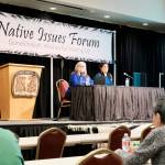 Ku.seen Jackie Pata and Wáahlaal Gíidaak Barbara Blake present their ideas about successful advocacy for Alaska Native rights on Friday at Elizabeth Peratrovich Hall. (Photo by Claire Stremple/Alaska Beacon)