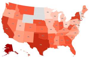 A map shows the percentage of residents participating in a survey Feb. 2-5 who favor their state seceding from the U.S., with Alaska topping states with at least 100 respondents at 36%. (Map by YouGov)