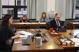 Lacey Sanders, director of the state Office of Management and Budget, presents Gov. Mike Dunleavys updated budget requests for this fiscal year and next to the Senate Finance Committee on Monday at the Alaska State Capitol. (Mark Sabbatini / Juneau Empire)