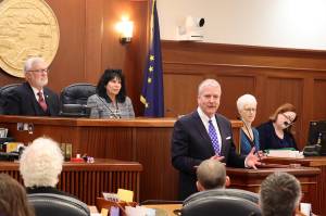 U.S. Sen. Dan Sullivan, R-Alaska, addresses a joint session of the Alaska Legislature on Wednesday. (Mark Sabbatini / Juneau Empire)