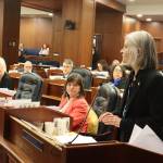 Rep. Andi Story, D-Juneau, offers an amendment to an education bill to boost per-student funding during the House floor session Wednesday. (Mark Sabbatini / Juneau Empire)