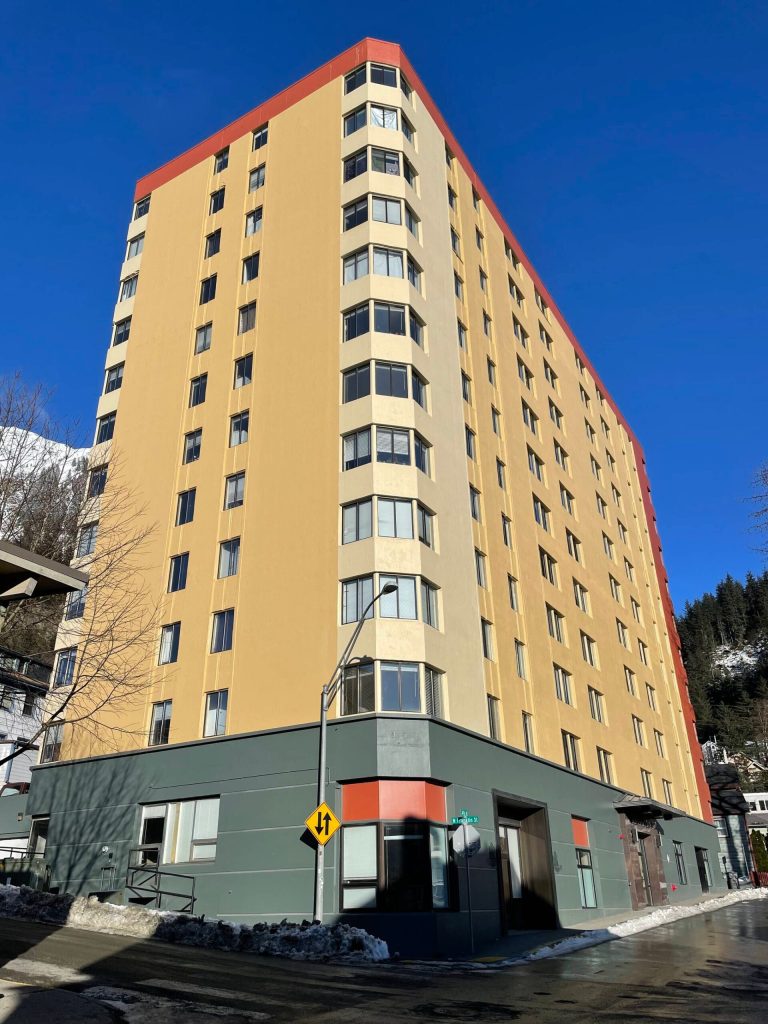 Mendenhall Tower Apartments on a sunny day between snowstorms in February of 2024. (Photo by Laurie Craig)