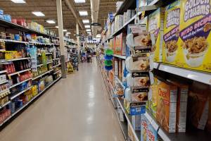 The cereal aisle in an Anchorage supermarket in 2022. Alaska public assistance officials have been working through a backlog in the states food stamp applications. (Yereth Rosen/Alaska Beacon)