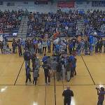 Thunder Mountain High School seniors for the boys basketball team, their families and other supporters fill the Thunderdome for a Senior Night recognition before Fridays game against Juneau-Douglas High School: Yadaa.at Kalé. It was possibly the final home game for the Falcons team due to a pending decision to put all high school students at JDHS starting with the next school year. The Falcons girls team will play their final home games of the season  and possibly ever  next Friday and Saturday against North Pole High School. (Screenshot from NFHS Network)