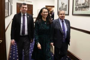 U.S. Rep. Mary Peltola (center) walks with Alaska Rep. Will Stapp, R-Fairbanks, and Alaska Sen. Lyman Hoffman, D-Bethel, into the Alaska House of Representatives chambers ahead of her annual address to the Alaska Legislature on Monday. (Mark Sabbatini/Juneau Empire)