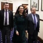 U.S. Rep. Mary Peltola (center) walks with Alaska Rep. Will Stapp, R-Fairbanks, and Alaska Sen. Lyman Hoffman, D-Bethel, into the Alaska House of Representatives chambers ahead of her annual address to the Alaska Legislature on Monday. (Mark Sabbatini/Juneau Empire)