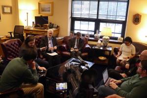 State senators meet with members of the media at the Alaska State Capitol to discuss education legislation after a press conference by Gov. Mike Dunleavy on the topic on Tuesday. (Mark Sabbatini/Juneau Empire)
