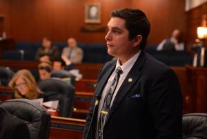 Rep. Justin Ruffridge, R-Soldotna, speaks Monday, May 8, 2023, on the floor of the Alaska House. (Photo by James Brooks/Alaska Beacon)